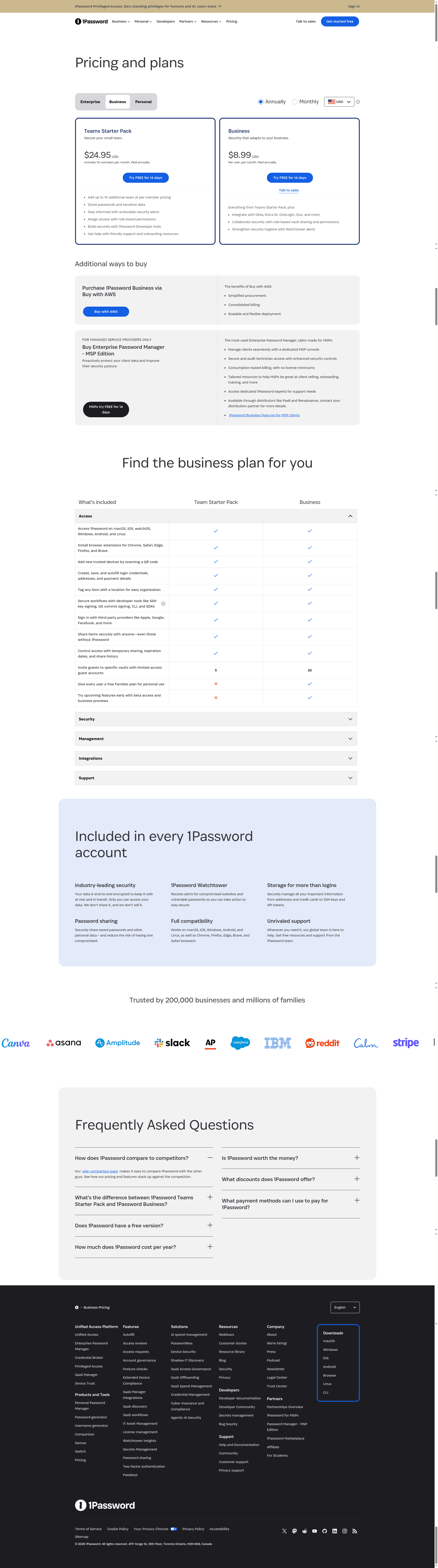 Screenshot of 1password.com taken on August 4, 2026